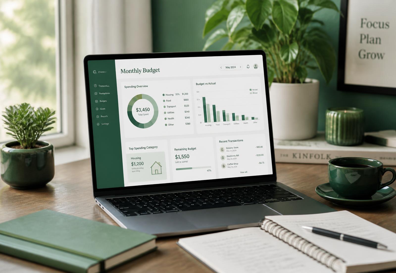 BudgetHive monthly budget dashboard on a laptop with spending charts
