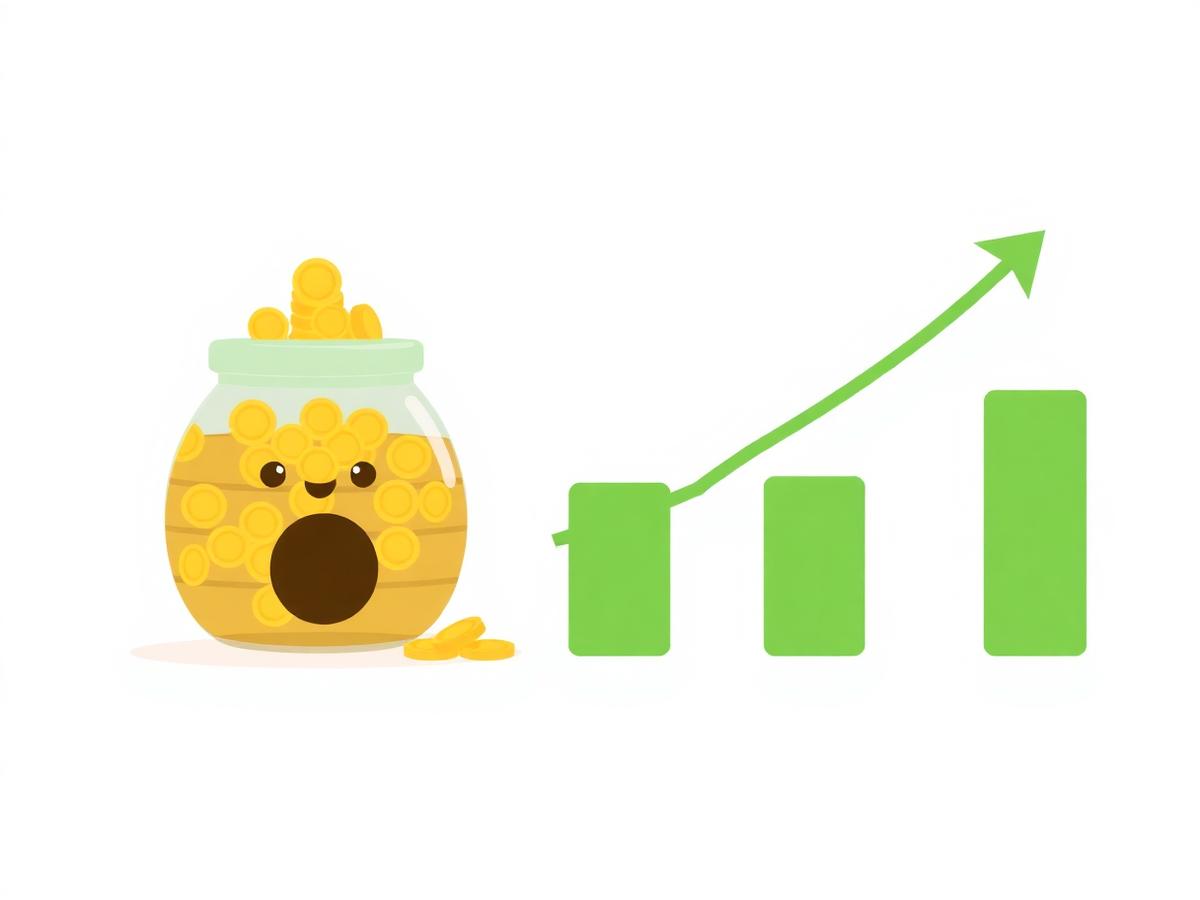 Illustration of a honey pot of coins beside a rising green bar chart